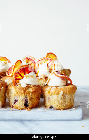 Blutorange und blueberry iced Cupcakes Stockfoto