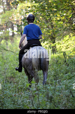 Zernikov, Frau reiten ein traber auf ihr Pferd durch einen Wald Stockfoto