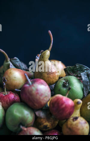 Organische Äpfel und Birnen in einem rustikalen Schaufel Stockfoto
