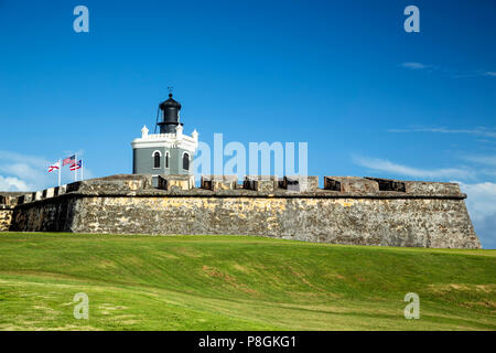 Leuchtturm, San Felipe del Morro Castle, San Juan National Historic Site, Old San Juan, Puerto Rico Stockfoto