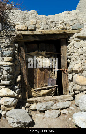 Wackelige hölzerne Kellertür in Ghemi, Upper Mustang, Nepal. Stockfoto