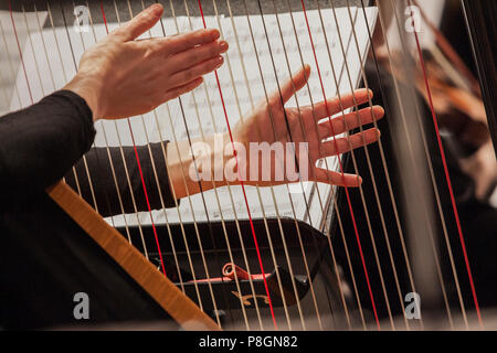 Harfenspieler spielt Harfe im Orchester Stockfoto