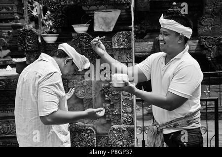 Balinesen in ein reinigendes Ritual im PURA Tirta Empul einen hinduistischen Tempel Komplex und kalten Quellen mit Heilwasser - TAMPAKSIRING, Bali, Indonesien Stockfoto