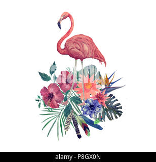 Aquarell Abbildung: Flamingo mit Blättern, Blüten. Stockfoto