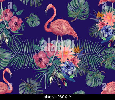 Aquarell nahtlose Muster der Flamingo mit Blättern, Blüten. Stockfoto