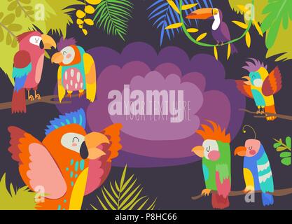 Cartoon tropisches Paradies Rahmen mit Papageien Stock Vektor