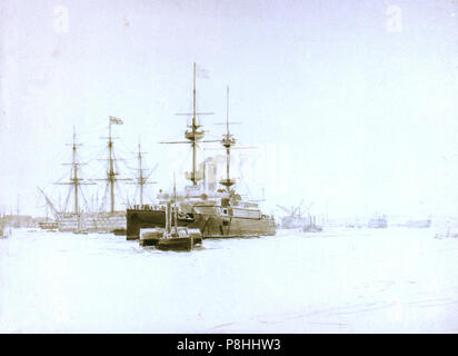 Ein 'Majestic'-Klasse Schlachtschiff und HMS "Victory" in Portsmouth Harbour RMG-PW2300. Stockfoto