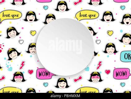 Mädchen Banner mit Anime emoji Muster. Süße Aufkleber mit emotico Stock Vektor