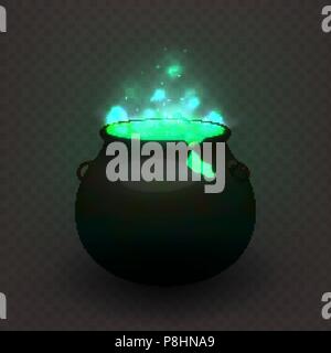 Vektor illustration Hexen Kessel auf einem transparenten Hintergrund isoliert. Gebrauten trank, auskochen. Glühende Flüssigkeit EPS 10. Stock Vektor