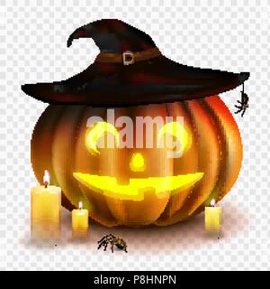 Vektor illustration Halloween Kürbis isoliert auf einen transparenten Hintergrund. Jack O Lantern. Hexenhut, Kerzen, Spinnen. EPS 10. Stock Vektor