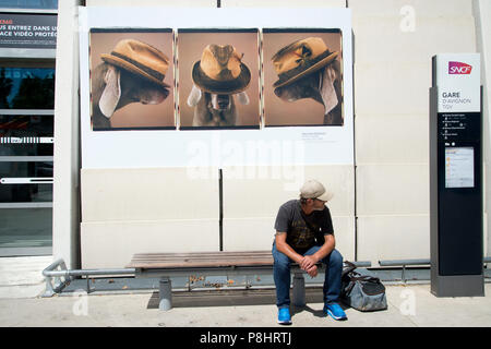 Avignon, Frankreich. TGV und Eurostar Bahnhof. Ein Fahrgast wartet unter einem Plakat der Hunde Hüte tragen von William Wegman aus seiner Ausstellung "H Stockfoto