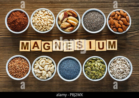 Lebensmittel, die reich an Magnesium, Kürbiskerne, blau Mohn, cashew Nüsse, Mandeln, Sonnenblumenkerne, Buchweizen, Kakao, Chia, Pinienkernen und Paranüsse Stockfoto