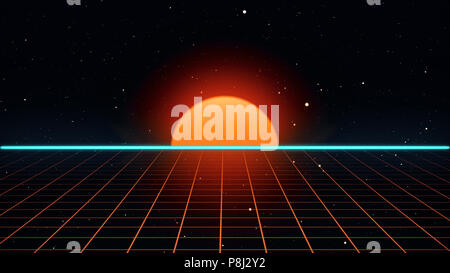 Retro-futuristischen 80s VHS-Video Spiel intro Landschaft 3D-Darstellung Stockfoto