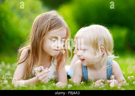 Zwei süße kleine Schwestern Spaß beim mit in das Gras an einem sonnigen Sommertag Stockfoto