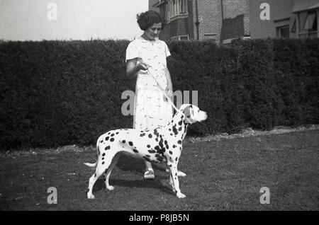 1950er Jahre, eine junge Dame mit ihrem Haustier Dalmatiner Hund draußen im Garten, England, UK. Stockfoto