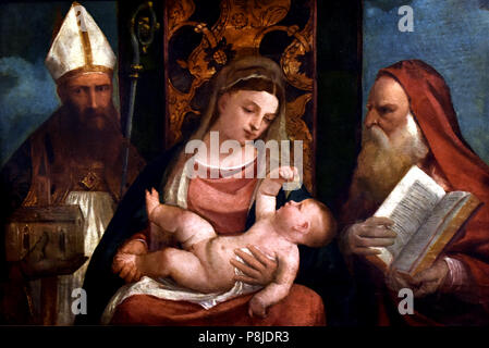 Madonna col Bambino tra S.Girolamo e un santo Vescovo - Madonna mit Kind zwischen St. Jerome und einem heiligen Bischof von Francesco Vecellio 1475-1559, Italien, Italienisch. Stockfoto