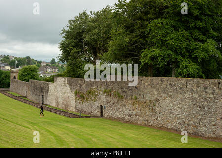 Irische Steinmauern. Die Stadtmauern aus dem 13th. Jahrhundert im Raleigh Quarter in Youghal, County Cork, Republik Irland. Stockfoto