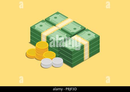 Ein Stapel von Bargeld mit Goldmünzen und Silber münze Vector Graphic illustration Stock Vektor