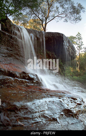 Weinende Felsen über die wichtigsten Wentforth fällt Wasserfall, Blue Mountains, New South Wales, Australien: Blatt verwischt das Wasser fällt über orange leuchtenden Felsen Stockfoto