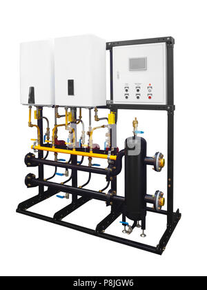 Die modernen kombinierten Gas Boiler Room elektrische cascade-System für Heizung Wasser in einem Haus auf einem weißen Hintergrund. Stockfoto