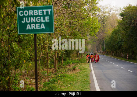 Indischer womans in traditionellen Saris auf der Straße Kaladhungi-Naini Tal in der Nähe von Kaladhungi, Uttarakhand, Indien Stockfoto