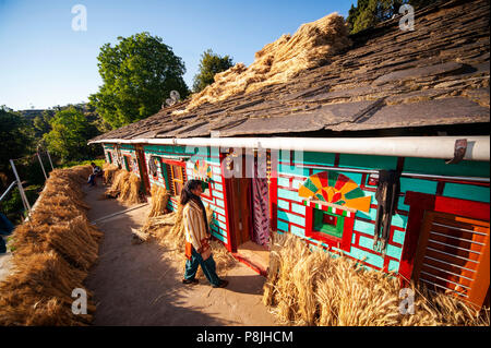 Indische Frau in seinem Haus, wo ein Haufen Weizen Trocknen an der Sonne ist, Kala Agar Dorf, Kumaon Hügel, Uttarakhand, Indien Stockfoto