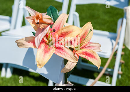 Rosa und Orange Lilie Stargazer Blüten die weißen Reihen mit Stühlen bei der Trauung Veranstaltungsort verschönern. Stockfoto