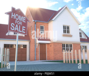 Haus für Verkauf, Immobilien-Zeichen vor der schönen Haus mit Strahl aus Sonnenlicht in den Hintergrund. Home Business und Finanzen Konzept. Stockfoto