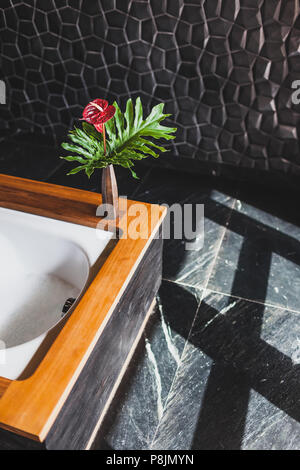 Modernes Design der Badezimmer mit schwarzen Strukturlack Fliesen und Wände, Holz- Rand der Badewanne. Licht vom Fenster und Flower Pot Stockfoto