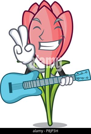 Mit Gitarre Crocus Blume Maskottchen Karikatur Vector Illustration Stock Vektor