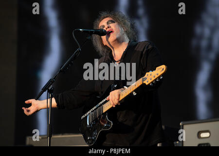 London, Großbritannien. 7. Juli 2018. Robert Smith von The Cure führt auf die große Eiche Bühne, Britische Sommerzeit, Hyde Park. Stockfoto