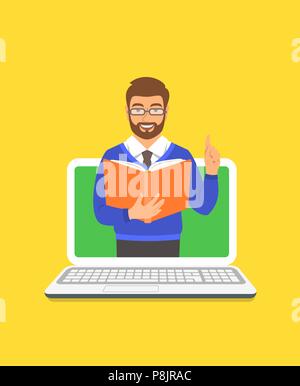 Online Bildung Konzept. Junger Mann Lehrer hält Buch öffnen und Aufzüge mit einem Finger nach oben Wissen zu teilen. Cartoon Vector Illustration. Abstand Lernen b Stock Vektor