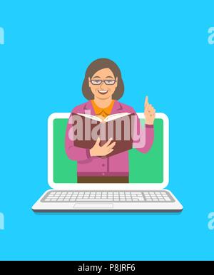 Online Bildung Konzept. Ältere Frau Lehrerin hält Buch öffnen und Aufzüge mit einem Finger nach oben Wissen zu teilen. Cartoon Vector Illustration. Entfernung learni Stock Vektor