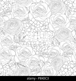Rose, Hortensie und Ranunculus Umrisse nahtlose Hintergrund. Vector Illustration. Stock Vektor