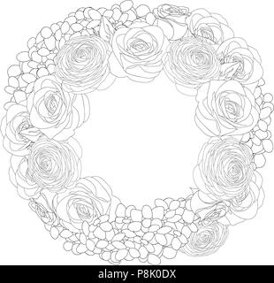 Rose, Hortensie und Ranunculus Kranz skizzieren. auf weißem Hintergrund. Vector Illustration. Stock Vektor