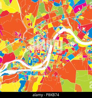 Pyongyang, Korea, Nord, bunte Vektorkarte. Weiße Straßen, Schienen und Wasser. Helle farbige Wahrzeichen formen. Kunst Muster drucken. Stock Vektor