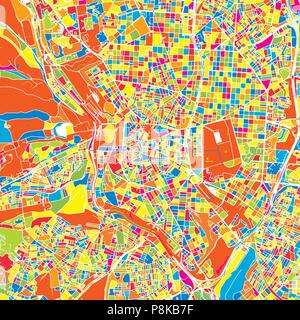 Madrid, Spanien, bunte Vektorkarte. Weiße Straßen, Schienen und Wasser. Helle farbige Wahrzeichen formen. Kunst Muster drucken. Stock Vektor