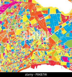 Baku, Aserbaidschan, bunte Vektorkarte. Weiße Straßen, Schienen und Wasser. Helle farbige Wahrzeichen formen. Kunst Muster drucken. Stock Vektor