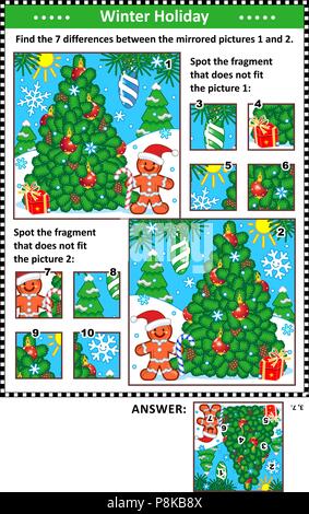 Silvester oder Weihnachten visuelle Rätsel mit Weihnachtsbaum und Ingwer Mann. Finden Sie die Unterschiede zwischen der gespiegelte Bilder. Ort die falsche Fragmente. Stock Vektor