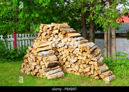 Ein Haufen von Scheitholz im Hinterhof bereit für einen kalten Winter, um das Haus zu heizen. Stockfoto