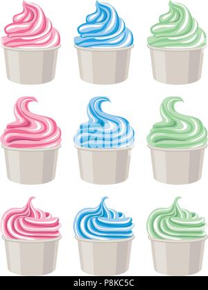 Vektor bunte Symbole Eis oder Joghurt in Bechern auf weißem Hintergrund. Schlagsahne und gefrorene Eis oder Joghurt Symbole Stock Vektor
