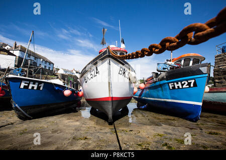 Traditionelle Cornish Fischerboote, die Strände sind und warten auf die Flut auf dem Sand von coverack Hafen in Cornwall, Großbritannien zu kommen. Stockfoto