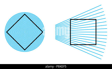 Ehrenstein optische Täuschung. Die Seiten des Quadrats in einem Muster von konzentrischen Kreisen angeordnet, eine scheinbare gebogenen Form. Stockfoto