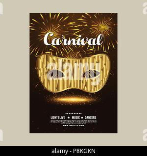 Gerne brasilianische Karneval Tag. braun und schwarz Karneval Broschüre mit goldene Maske, weisse Typografie und Text. Für Web Design und Anwendung int Stock Vektor