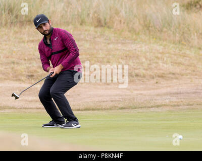 Gullane Golf Club, Gullane, Großbritannien. 12. Juli 2018. Aberdeen Investitionen Scottish Open Golf, Runde 1; Alexander Abgabe Reaktion Schlag auf dem 10 grün Kredit zu schließen: Aktion plus Sport/Alamy leben Nachrichten Stockfoto