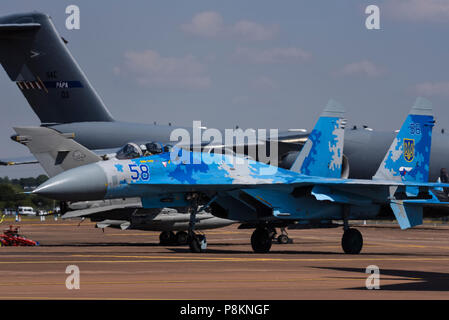 Ukrainische Luftwaffe Suchoi Su-27 Flanker Kampfjet Flugzeug - Russische gebaut - im Royal International Air Tattoo, RIAT 2018, RAF Fairford. Stockfoto