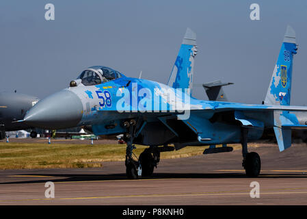 Ukrainische Luftwaffe Suchoi Su-27 Flanker Kampfjet Flugzeug - Russische gebaut - im Royal International Air Tattoo, RIAT 2018, RAF Fairford. Stockfoto