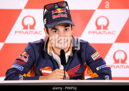 12. Juli 2018, Deutschland, Hohenstein-Ersntthal, Motorsport, Grand Prix Deutschland, Moto GP auf der Sachsen Ring: Spanisch Repsol-Honda Fahrer Dani Pedrosa kündigt seinen Rückzug aus der MotoGP während einer Pressekonferenz. Foto: Jan Woitas/dpa-Zentralbild/dpa Quelle: dpa Picture alliance/Alamy leben Nachrichten Stockfoto