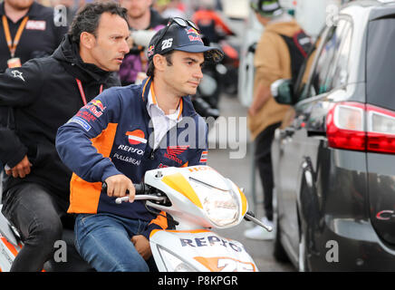 12. Juli 2018, Deutschland, Hohenstein-Ersntthal, Motorsport, Grand Prix Deutschland, Moto GP auf der Sachsen Ring: Spanisch Repsol-Honda Fahrer Dani Pedrosa fahren zu einer Pressekonferenz. Dort kündigte er seinen Rückzug aus der MotoGP. Foto: Jan Woitas/dpa-Zentralbild/dpa Quelle: dpa Picture alliance/Alamy leben Nachrichten Stockfoto