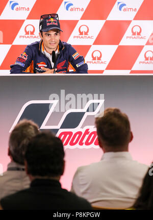 12. Juli 2018, Deutschland, Hohenstein-Ersntthal, Motorsport, Grand Prix Deutschland, Moto GP auf der Sachsen Ring: Spanisch Repsol-Honda Fahrer Dani Pedrosa kündigt seinen Rückzug aus der MotoGP während einer Pressekonferenz. Foto: Jan Woitas/dpa-Zentralbild/dpa Quelle: dpa Picture alliance/Alamy leben Nachrichten Stockfoto